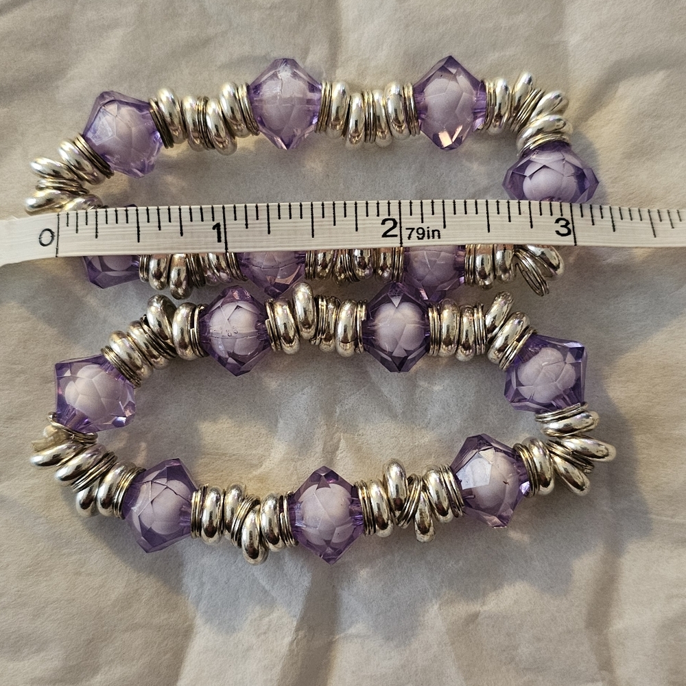 Shade of Purple and Sliver Beaded/ Stretch Bracelet